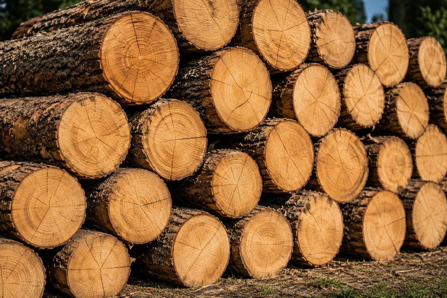 Holzstämme für Lohnspalten aufeinandergestapelt